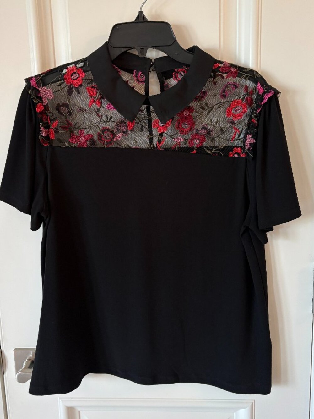 CeCe black top with open embroidered mesh